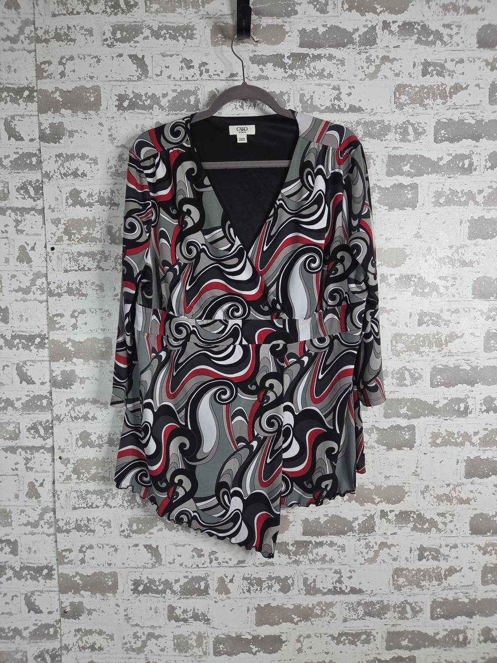Cato Y2k Faux Wrap Blouse Red Black Grey Abstract Swirl Retro V-Neck Top